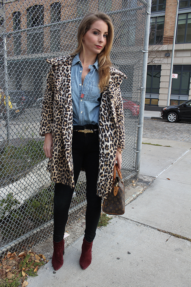 leopard coat and jeans